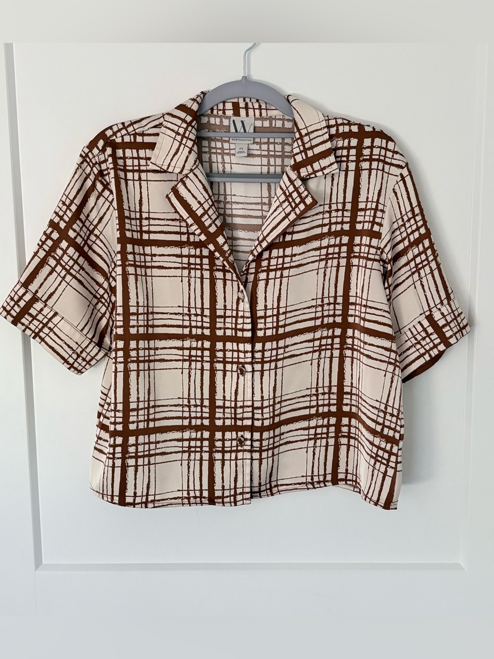 Worthington Brown & Cream Plaid Crop Camp Shirt - Size PS